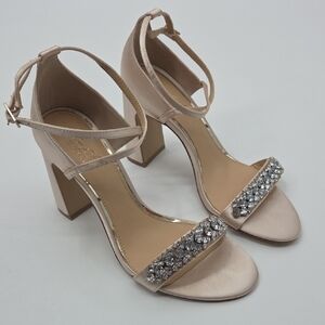 Elegant Champagne Ankle Strap Jewel Badgley Mischka Heels with Rhinestones NEW